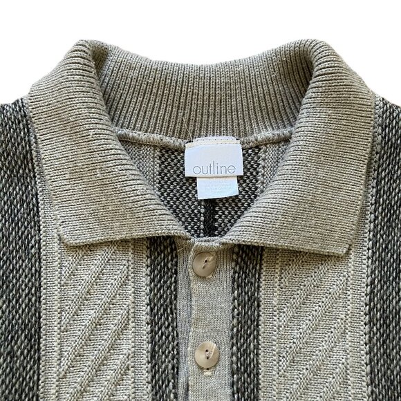 Outline Pullover Polo Sweater Textured Knit Grey/Beige Vintage 90s - Picture 3 of 7